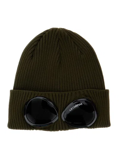 C.p. Company Green Goggle Beanie With Turn-up Brim In Cotton Man
