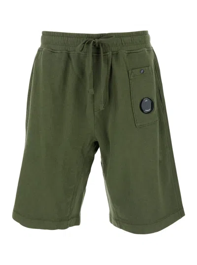 C.p. Company Green Shorts With Elastic Drawstring Waist And Logo Plaque On The Front In Cotton Man