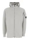 C.p. Company Grey Cardigan With Drawstring Hood And Logo Plaque On The Sleeve In Wool Blend Man In Gray