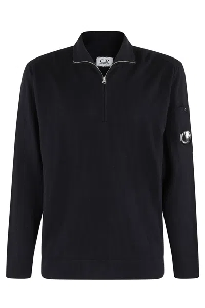 C.p. Company Half-zip Knit Sweater With Lens Detail In Blue