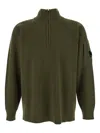 C.p. Company Men Green Turtleneck Sweater With Logo Plaque On The Sleeve In Wool Man In Green
