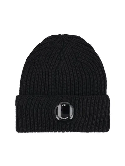 C.p. Company Ribbed Lens Beanie Hat In Black