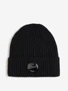 C.p. Company Blue Knit Beanie With Logo Plaque On The Front In Wool Man In Black