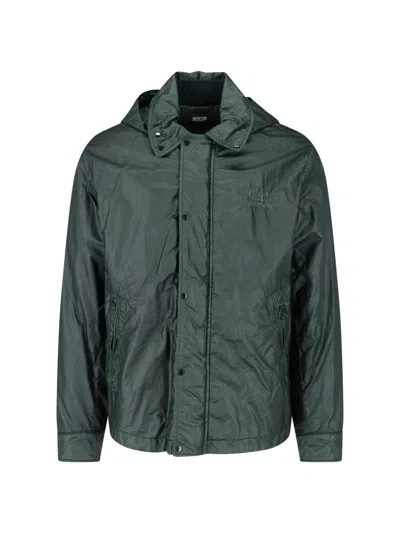 C.p. Company Hooded Jacket With Integrated Goggles And Textured Fabric In Green