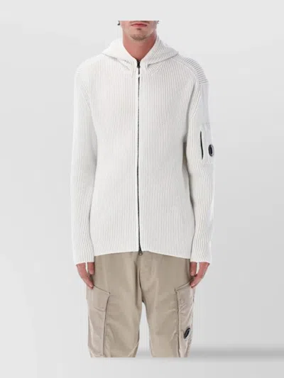 C.p. Company Hooded Knit Cardigan Ribbed Texture In White