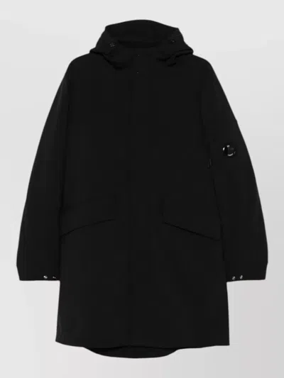 C.p. Company Hooded Parka Jacket Arm Patch Detail In Black