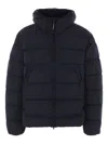 C.p. Company Blue Down Jacket With Fixed Hood And Logo Plaque On The Sleeve In Tech Fabric Man In Blue