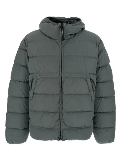 C.p. Company Grey Down Jacket With Fixed Hood With Googles Detail In Black