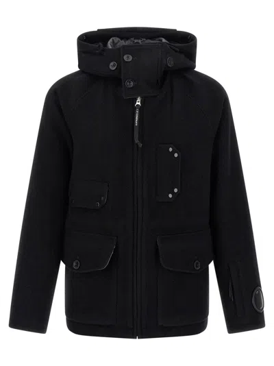 C.p. Company Hooded Wool Jacket With Integrated Goggles In Black
