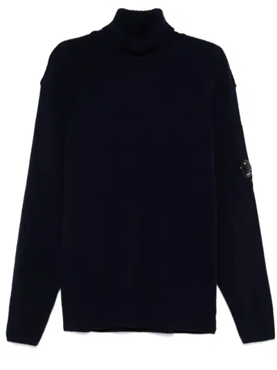 C.p. Company Ivory White Lambswool Turtleneck With Zip Pocket And Signature Motif In Black