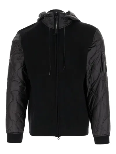 C.p. Company Wool Blend Jacket With Adjustable Hood And Ribbed Cuffs In Black