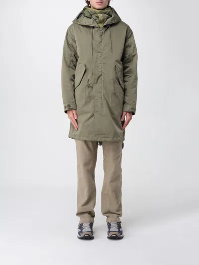 C.p. Company Long Hooded Green Coat With Fishtail Hem And Goggle Detail
