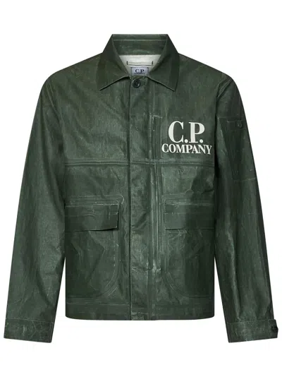 C.p. Company Toob Logo Coated Linen Jacket In Duck Green