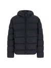 C.p. Company Blue Down Jacket With Fixed Hood And Logo Plaque On The Sleeve In Tech Fabric Man