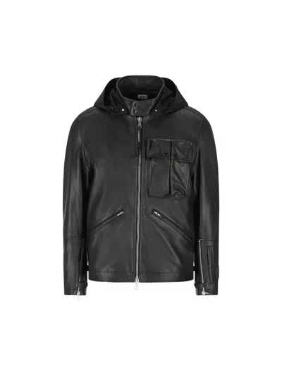 C.p. Company Goggle-detail Leather Jacket In Black