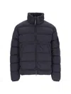 C.p. Company Blue Down Jacket With Fixed Hood And Logo Plaque On The Sleeve In Tech Fabric Man In Blue