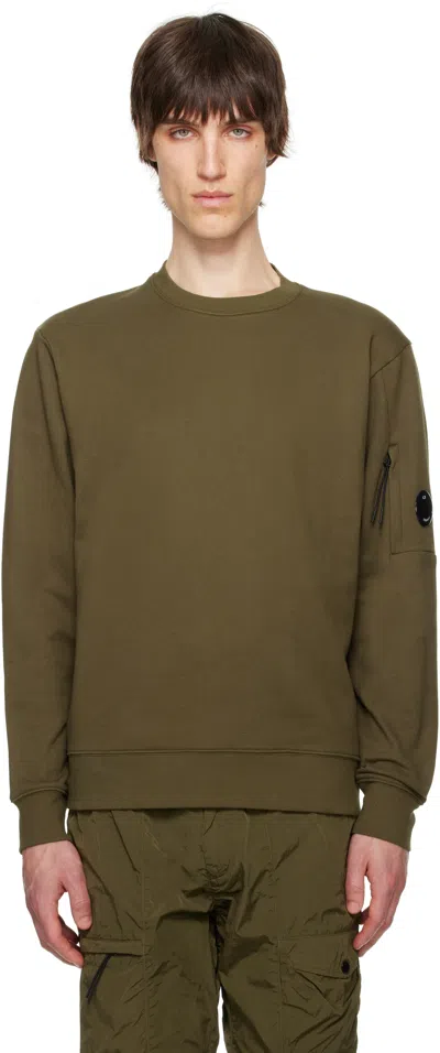 C.p. Company Khaki Diagonal Raised Fleece Crewneck Lens Sweatshirt In Ivy Green