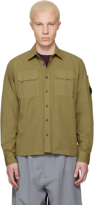C.p. Company Khaki Organic Gabardine Long Sleeve Lens Shirt In Green