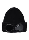 C.p. Company Black Knit Beanie With Googles Detail On The Front In Black