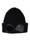 C.p. Company Black Knit Beanie With Googles Detail On The Front In Black