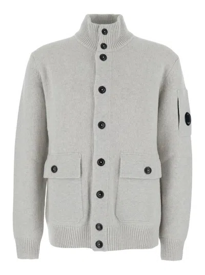 C.p. Company Grey Cardigan With High Neck And Logo Plaque On The Sleeve In Gray