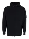 C.p. Company Black Cardigan With Drawstring Hood And Logo Plaque On The Sleeve In Black