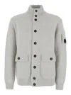C.p. Company Grey Cardigan With High Neck And Logo Plaque On The Sleeve In Gray