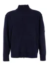 C.p. Company Blue Jacket With High Neck And Logo Plaque On The Sleeve In Wool Blend Man In Blue