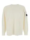 C.p. Company Men White Crewneck Sweater With Logo Plaque On The Sleeve In Wool Blend Man In White
