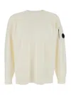 C.p. Company Men White Crewneck Sweater With Logo Plaque On The Sleeve In Wool Blend Man In White