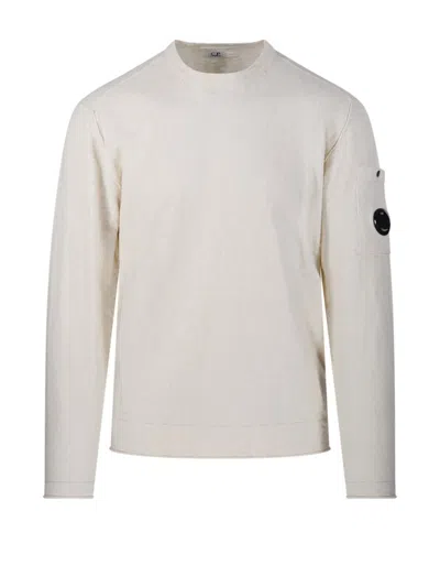 C.p. Company Crewneck Grey Sweatshirt With Pocket And Logo In White