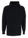 C.p. Company Black Cardigan With Drawstring Hood And Logo Plaque On The Sleeve In Black
