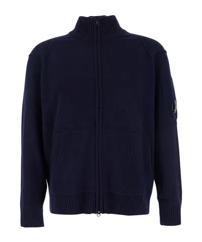 C.p. Company Blue Jacket With High Neck And Logo Plaque On The Sleeve In Wool Blend Man