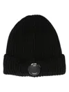 C.p. Company Black Knit Beanie With Logo Plaque On The Front In Wool Man In Black