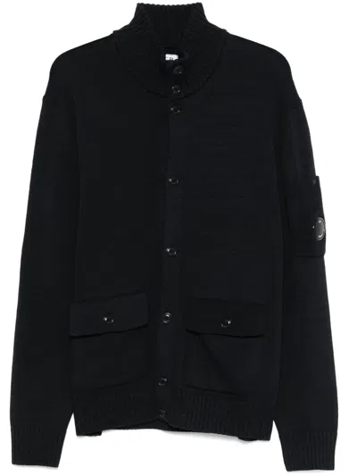 C.p. Company Cotton Cardigan With Arm Pocket And High Neck In Black