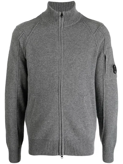 C.p. Company Lens-detail Ribbed Cardigan In Grey