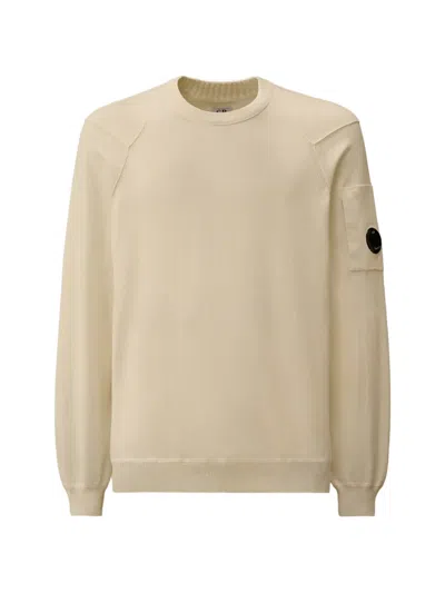 C.p. Company Crewneck Lambswool Sweater With Iconic Lens Detail In Neutral