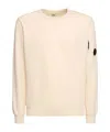 C.p. Company Men White Crewneck Sweater With Logo Plaque On The Sleeve In Wool Blend Man In Nude
