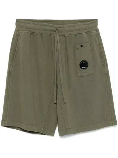 C.p. Company Lens-detail Fleece Cargo Shorts In Green