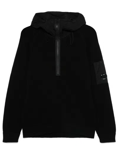 C.p. Company Lens-detail Knitted Hoodie In Black
