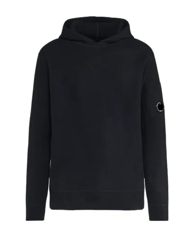 C.p. Company Lens-detail Knitted Wool-blend Hoodie In Black