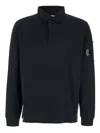 C.p. Company Black Sweatshirt With Polo Shirt Style Collar And Logo Plaque On The Sleeve In Animal Print