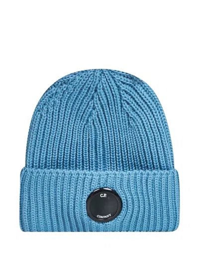 C.p. Company Lens-detail Ribbed Beanie Hat In Blue