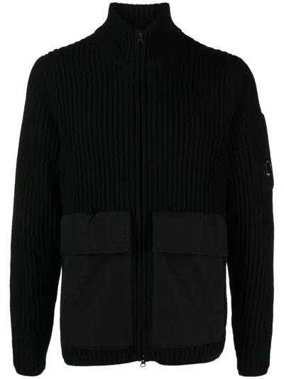 C.p. Company Lens-detail Ribbed-knit Cardigan In Black