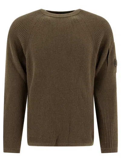 C.p. Company Lens Detail Ribbed Sweater In Brown