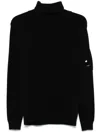 C.p. Company Ribbed Knit Roll Neck Sweater With Signature Lens Detail And Zip Pocket In 黑色