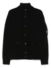 C.p. Company Cotton Cardigan With Arm Pocket And High Neck In Black