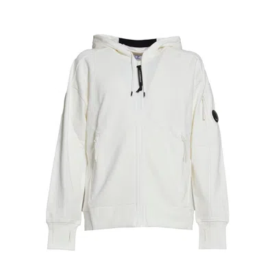 C.p. Company Lens Detailed Zipped Hoodie In White
