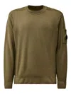 C.p. Company Green Crew Neck Sweater With Logo Plaque On The Sleeve In Cotton Man In Green