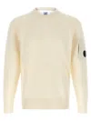 C.p. Company Men White Crewneck Sweater With Logo Plaque On The Sleeve In Wool Blend Man In Neutral